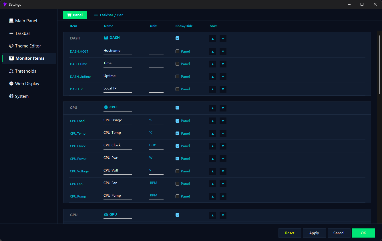 Monitor item settings