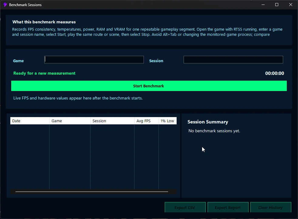 Benchmark Sessions — guided measurement, history, comparison, and exports