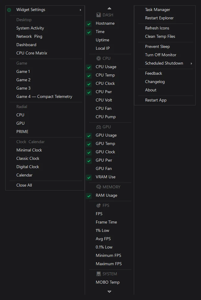 Unified context menus and widget controls