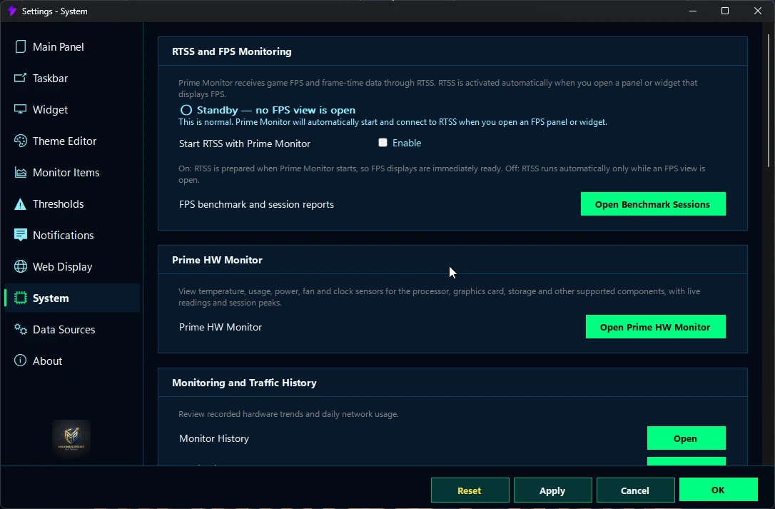 System settings — RTSS readiness, Benchmark Sessions, Prime HW Monitor, and accessible scaling