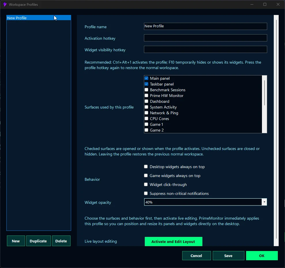 Workspace Profiles — hotkeys, selected surfaces, behavior, and multi-monitor layout editing